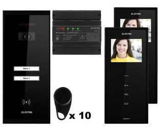 Kit videointerfon Electra, 2 familii, monitor 3.5 inch, montaj aparent, 10 x taguri, negru