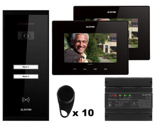 Kit videointerfon Electra, 2 familii, monitor 7 inch, montaj aparent, 10 x taguri, negru