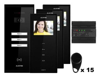 Kit videointerfon Electra, 3 familii, monitor 3.5 inch, montaj aparent, 15 x taguri, negru