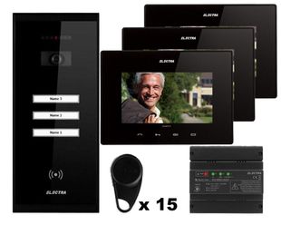 Kit videointerfon Electra, 3 familii, monitor 7 inch, montaj aparent, 15 x taguri, negru