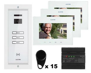 Kit videointerfon Electra, 3 familii, monitor 7 inch, montaj ingropat, 15 x taguri, alb