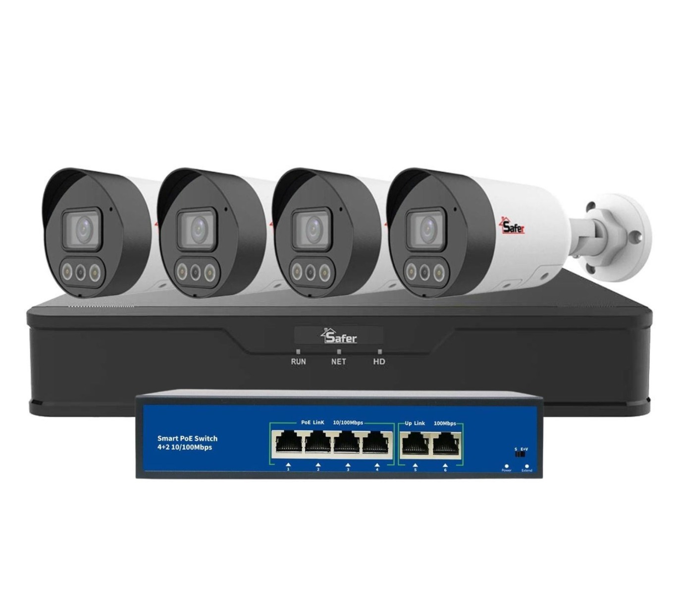 Kit de supraveghere IP, 4 camere exterior 4MP 2K, 2.8mm, IR si LED 30 metri si NVR 4 canale, PoE, KITIP-4X-4MP2830-A