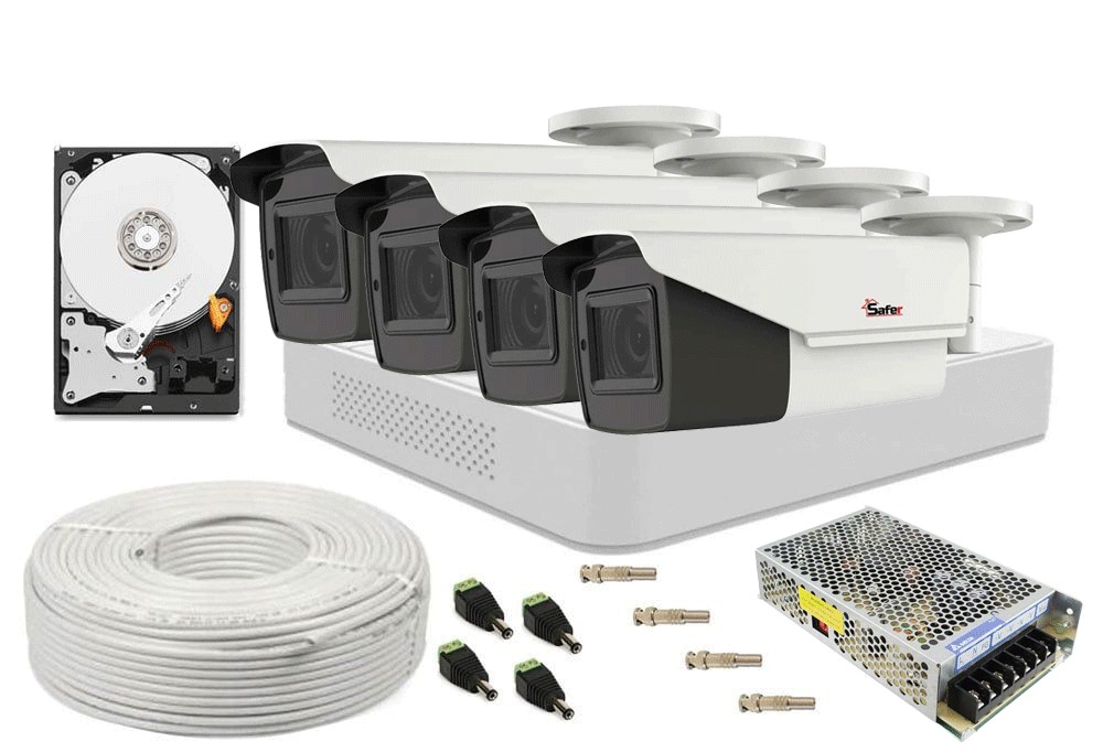 Kit complet supraveghere video, 4 camere cu zoom motorizat, 5MP, IR 40m, SAF-4X-5MPIR62ACC-2TB