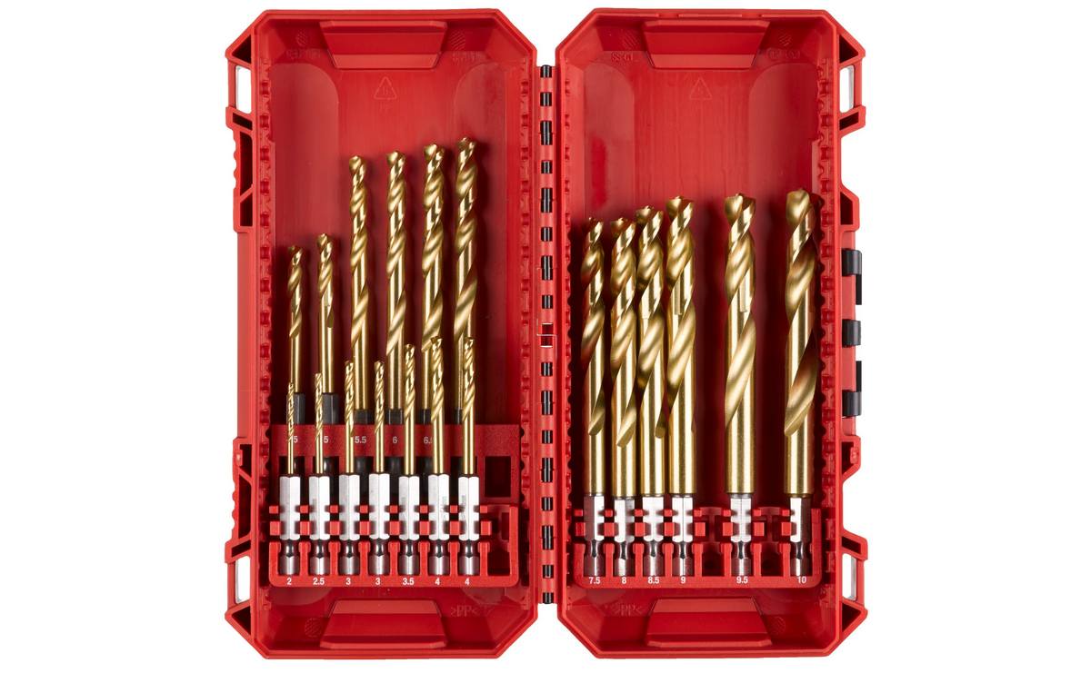 Set 19 burghie Milwaukee pentru metal, HSS Ground, tija hex 1/4 inch, diametru 2-10mm, invelis din titan, cutie depozitare, 4932493866