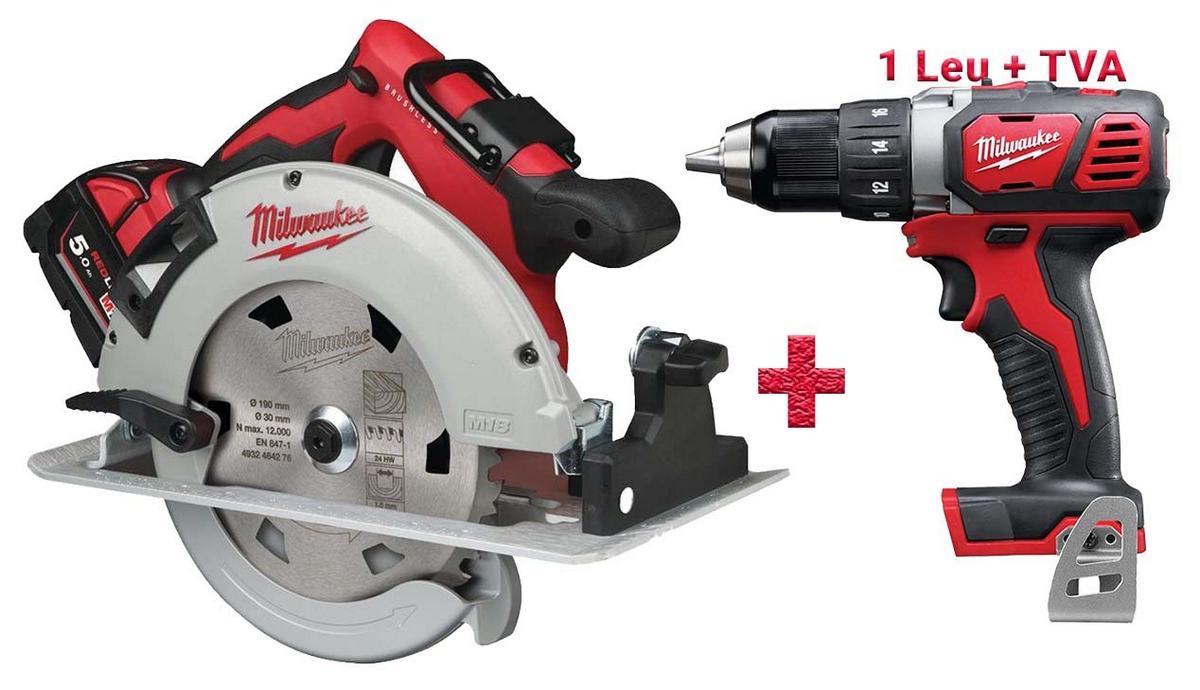 Fierastrau circular cu acumulator Milwaukee M18 BLCS66-502X, 190mm, 66mm taiere la 90 grade, 5000 RPM, motor fara perii, 4933464590-PROMO