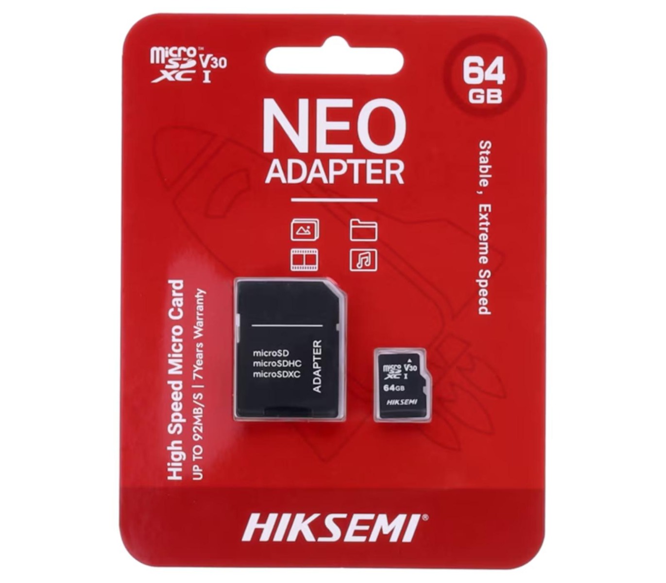 Card  stocare video Micro SD 64GB -V30, cu Adaptor - 92Mb/s, HikSemi by Hikvision HS-TF-C1STD-64G-A