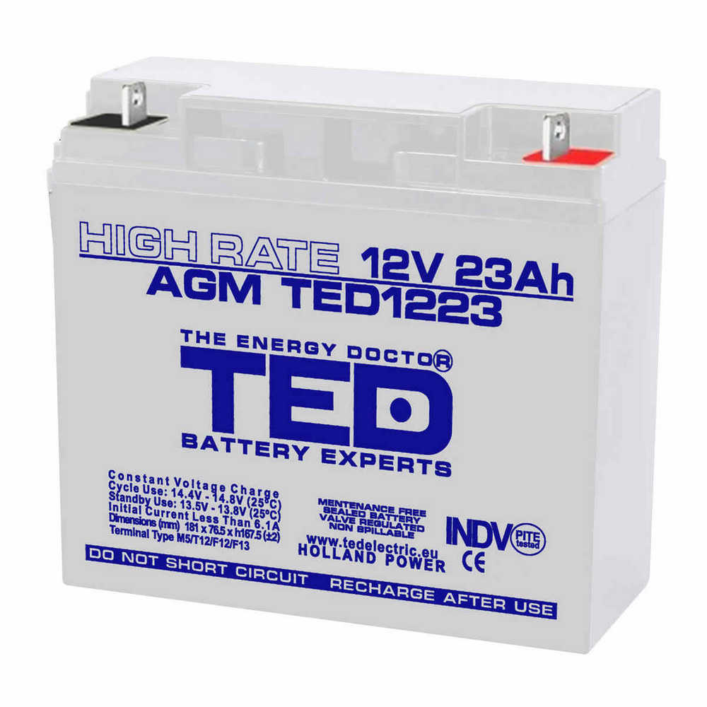 Acumulator stationar etans 12V, 23Ah, TED Electric, AGM, VRLA, High Rate, borne F3, TED003348