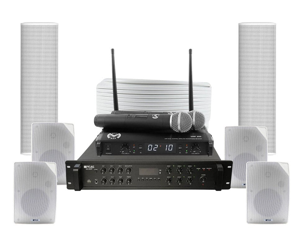 Kit Sonorizare Biserica, Public Adress, amplificator, 4 boxe, 2 difuzoare, microfoane wireless, KITBIS6030W