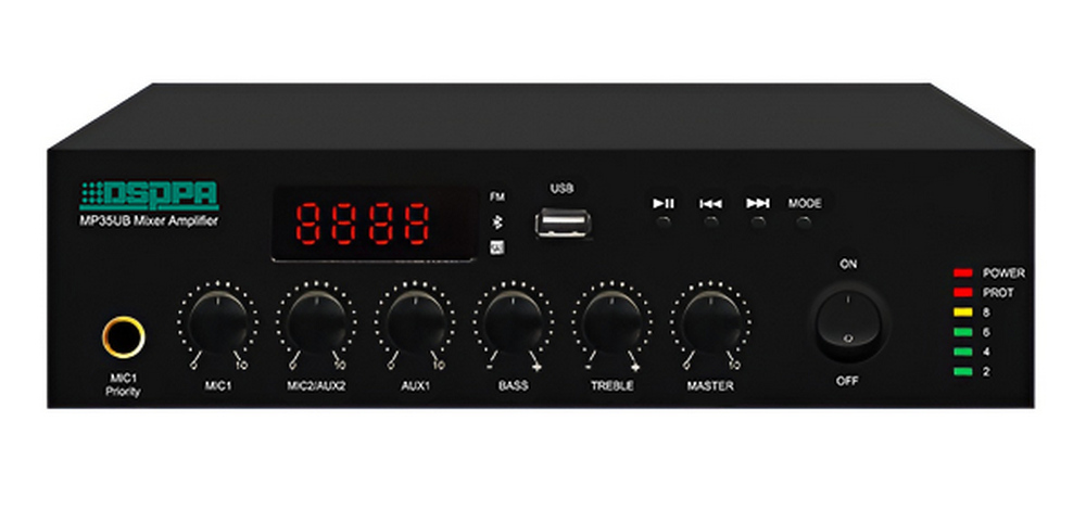 Amplificator cu mixer 100V-35W, cu BT, FM, USB, 3 AUX, 2 MIC, 4-16 Ohmi, DSPPA MP35UB