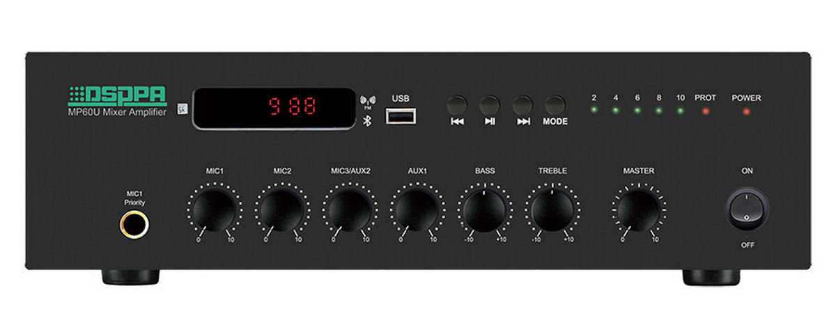 Amplificator cu mixer PA DSPPA MP60U, 60W, 100V, impedanta 4-16 ohmi, 6 canale, 3 MIC, 2 AUX, cu USB, FM si Bluetooth 