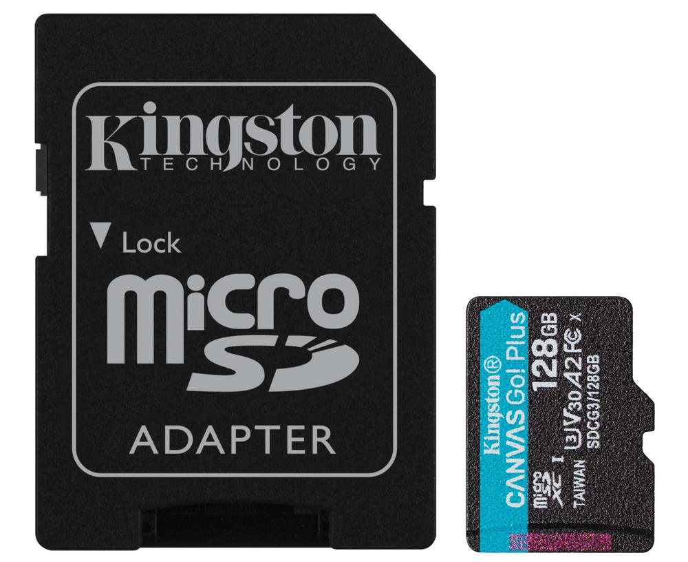 Card memorie microSD 128GB pentru supraveghere video, Kingston CANVAS GO Plus, 170 Mbps, cu adaptor, U3, V30, SDCG3/128GB