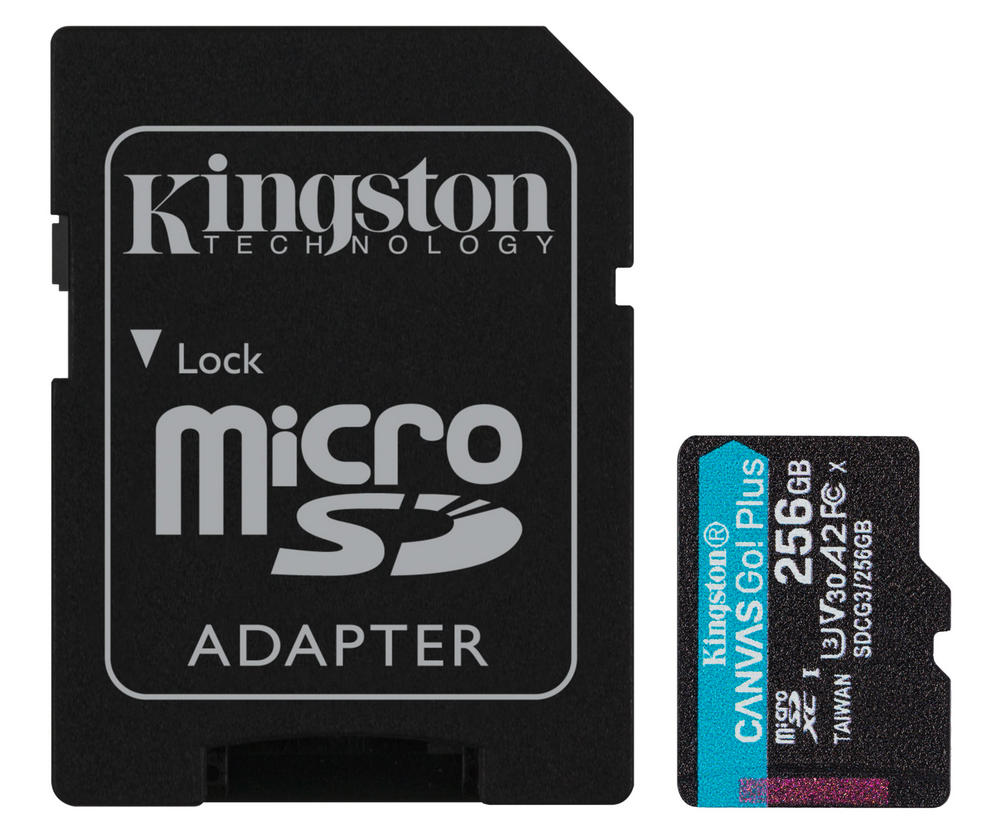 Card memorie microSD 256GB pentru supraveghere video, Kingston CANVAS GO Plus, U3, V30, 170 Mbps, cu adaptor, SDCG3/256GB