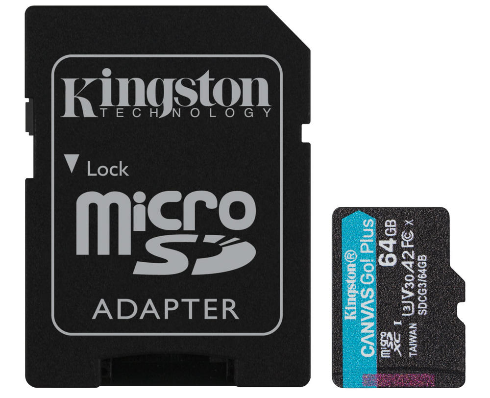 Card memorie microSD 64GB pentru camere IP, Kingston CANVAS GO Plus, 170 Mbps, cu adaptor, U3, V30, SDCG3/64GB