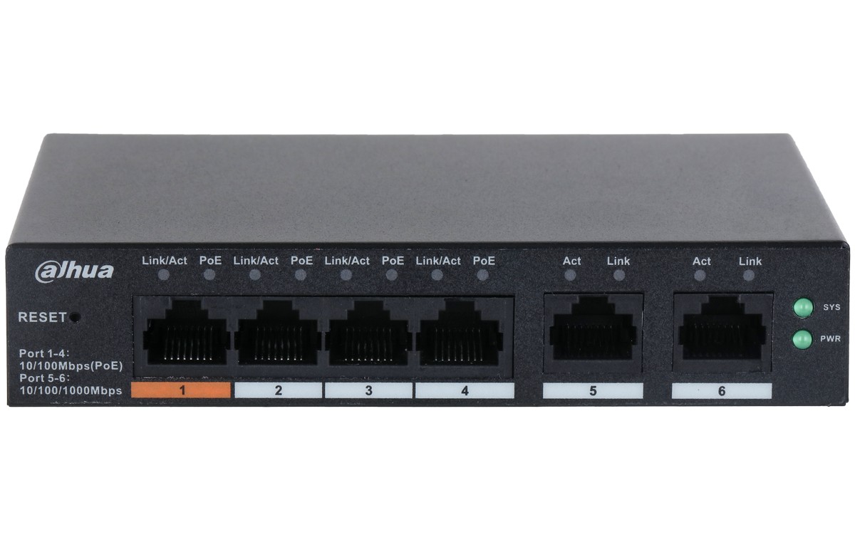 Switch Dahua cu management, 4x porturi PoE 10/100 Mbps si 2x RJ-45 10/100/1000 Mbps (uplink), CS4006-4ET-60