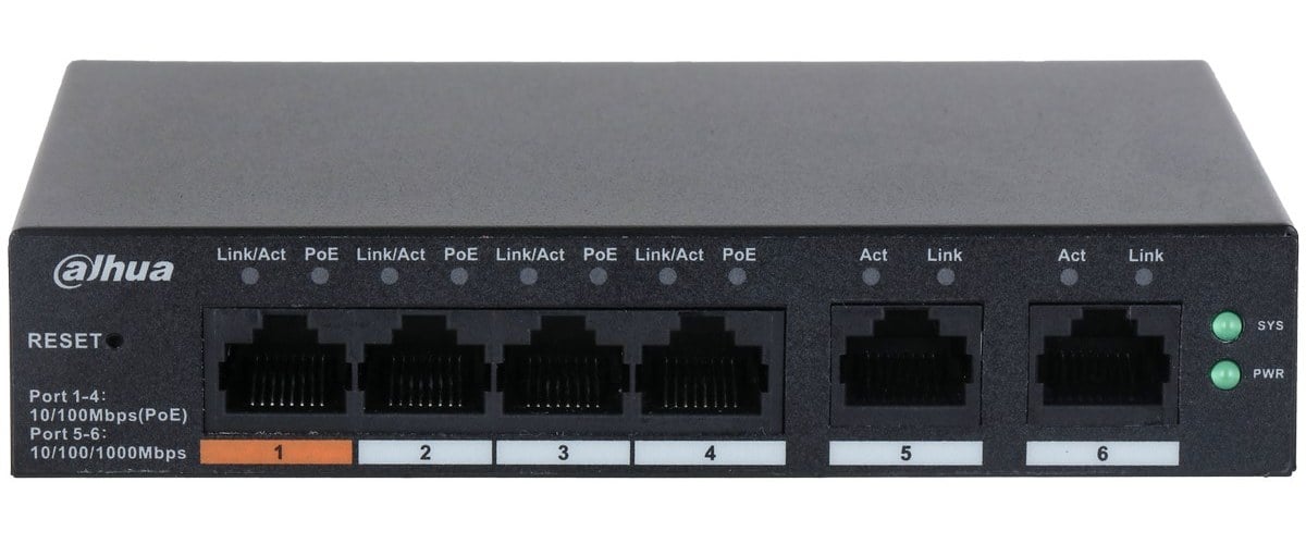 Switch Dahua cu management, 4x porturi PoE 10/100 Mbps si 2x RJ-45 10/100/1000 Mbps (uplink), CS4006-4ET-60