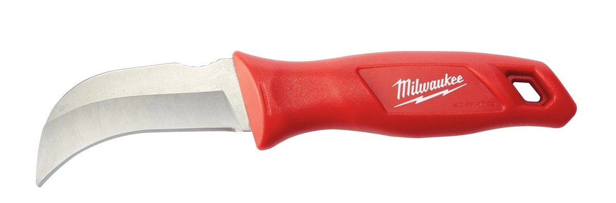 Cutit utilitar Milwaukee cu lama fixa curbata Hawkbill, maner ergonomic, teaca turnata cu clema pentru curea, 4932464829