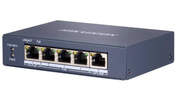 Switch cu 4 porturi PoE, Hikvision DS-3E0505HP-E, 60 W, 1 port RJ45 gigabit, carcasa metalica