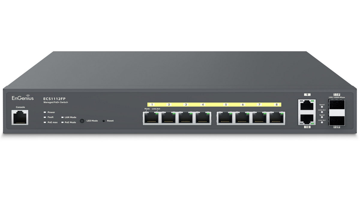 Switch EnGenius ECS1112FP, 8 porturi Gigabit POE, 2 porturi SFP, putere 130W, 24Gbps, cu management, montare in rack