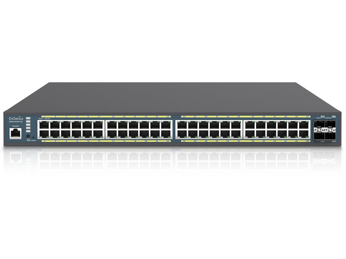 Switch EnGenius EWS7952P-Fit, 48 porturi Gigabit POE, 4 porturi SFP, 1 port RJ45, putere 410W, 104Gbps, cu management, montare in rack 19 inch