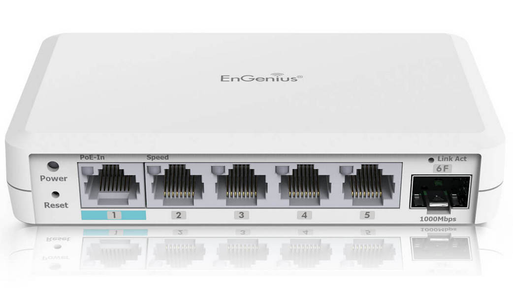 Extender PoE EnGenius EXT1106, 802.3ab/u, 100m, 5 porturi Gb, 4 porturi GE, 1 port SFP, management in cloud si aplicatie