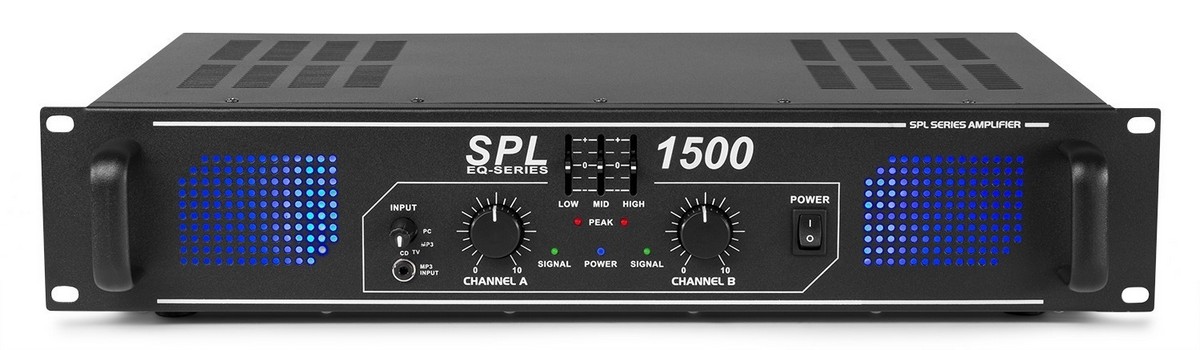 Amplificator cu 2 canale, 1500W, 10kOhm, intrari RCA, indicator LED, Skytec SPL1500