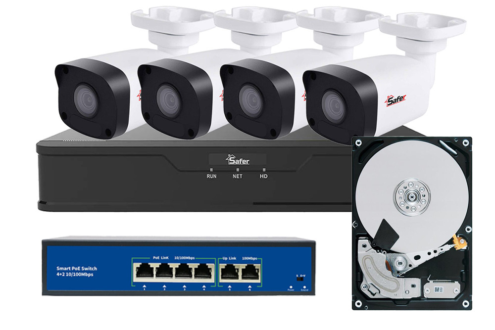 Sistem de supraveghere IP pentru exterior, 4 camere de 2MP, IR 30m, PoE, Safer KITSAF4FHDE