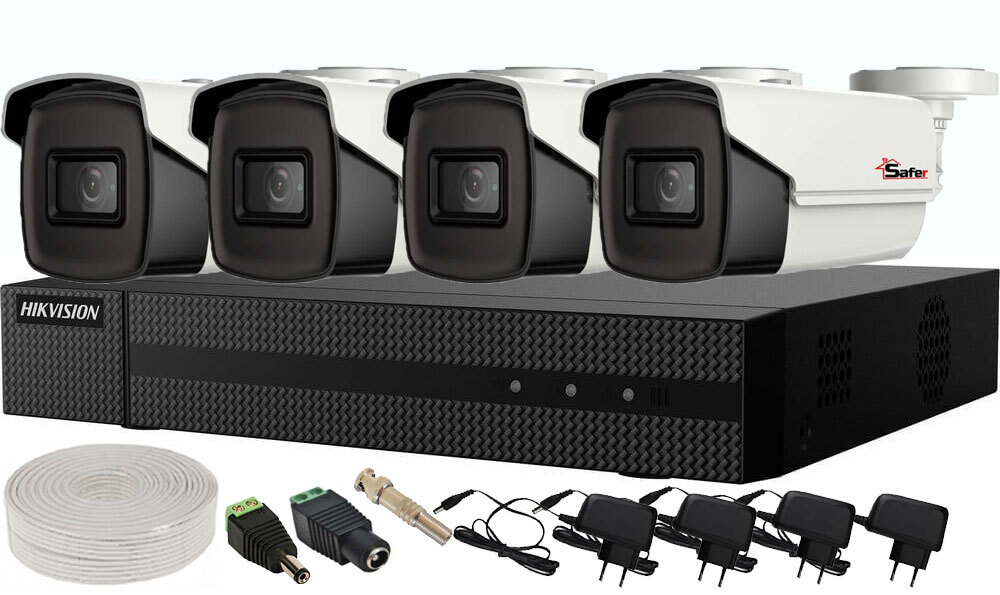 Kit de supraveghere Hikvision 5MP 2K, 4 camere Safer din metal, accesorii incluse, KIT-4XSAF+HIK5MP-ACC