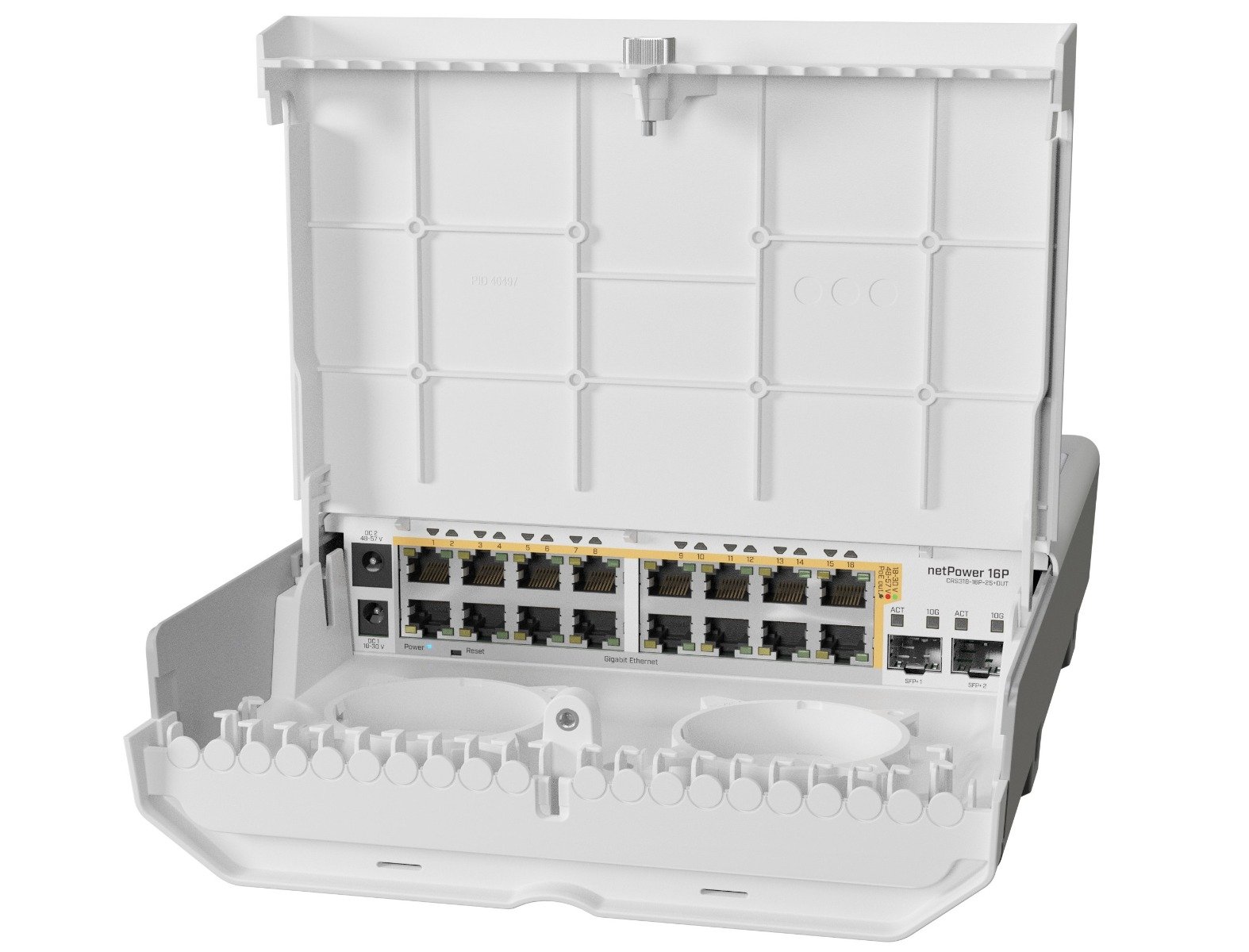 MikroTik netPower 16P, Switch PoE de exterior cu 16 porturi Gigabit, 2xSFP, IP54, CRS318-16P-2S+OUT
