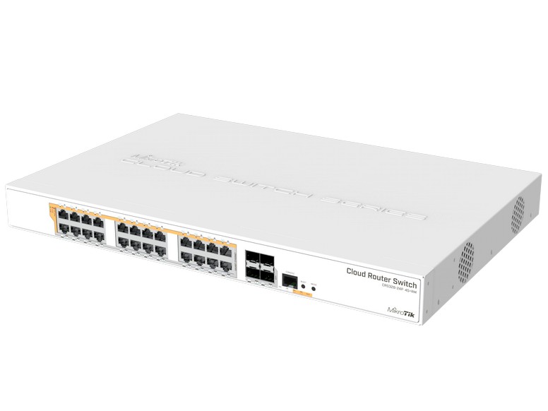 Switch PoE 29 porturi Microtik CRS328-24P-4S+RM, 24x PoE Gigabit, 4x SFP, 1x RJ45 consola, 450W, cu management