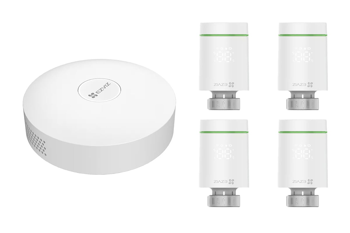 Kit termostat Smart Ezviz, 4x robineti cu senzor temperatura Zigbee, Gateway Wi-Fi, control din aplicatie, Hikvision CS-4T55-A3