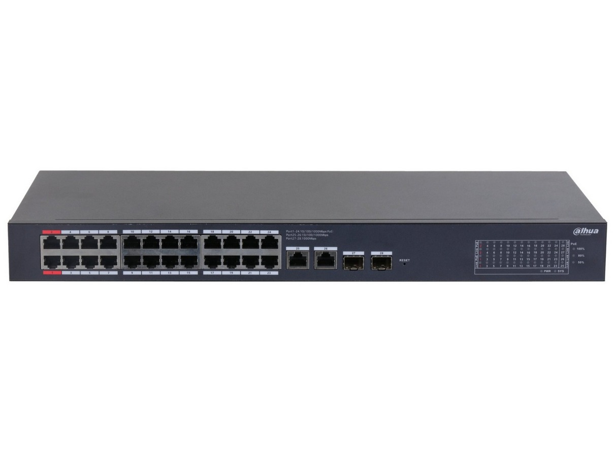 Switch 28 porturi, Dahua CS4228-24GT-240, 24x porturi PoE Gigabit, 2x RJ45 Gigabit uplink, 2x SFP Gigabit, Smart Managed, Watchdog