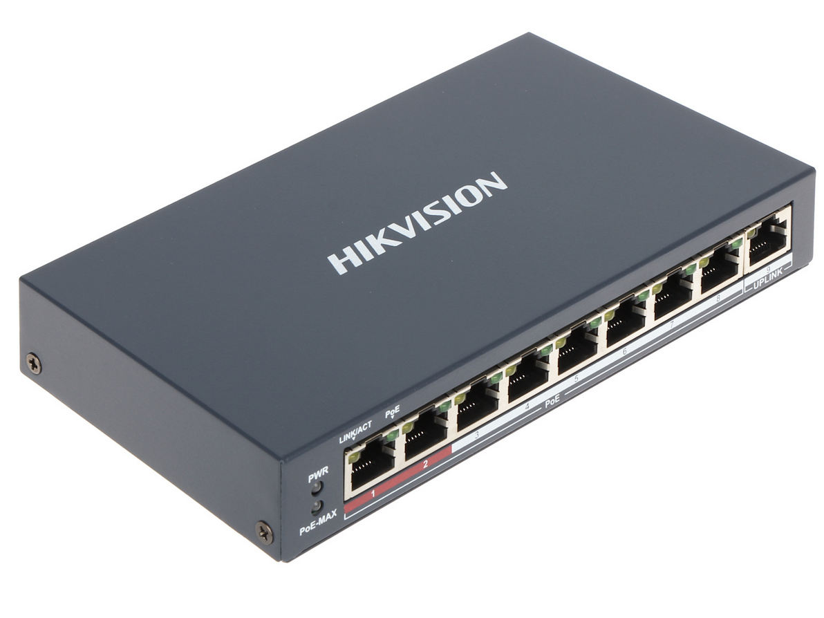 Switch PoE 8 porturi Hikvision DS-3E0109P-E(C), Fast Ethernet, 1 port RJ45 10/100Mbps, transmisie pana la 300m, pentru supraveghere video