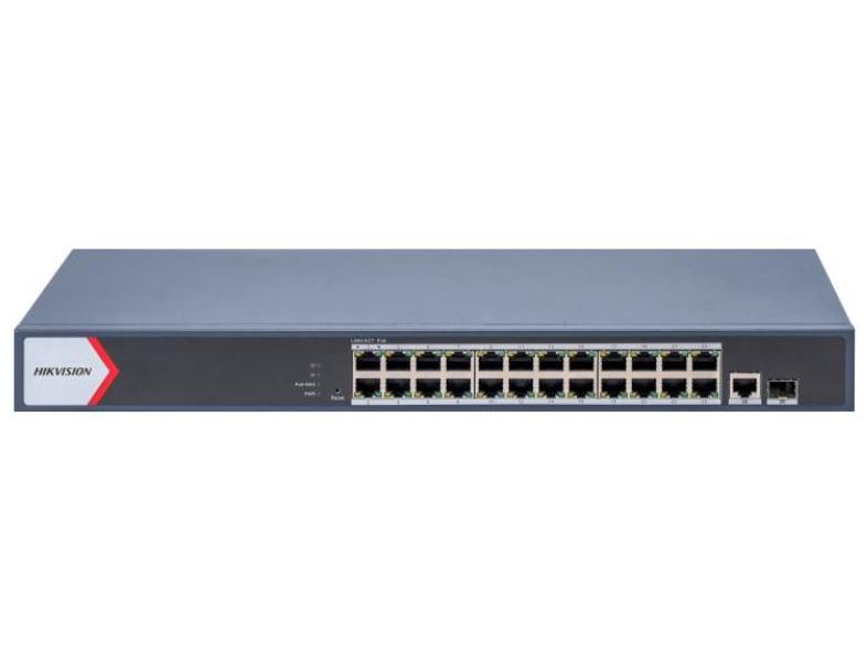 Switch PoE 24 porturi Gigabit, Hikvision DS-3E1526P-EI, putere PoE 370W, transmisie 300m, protectie supratensiune