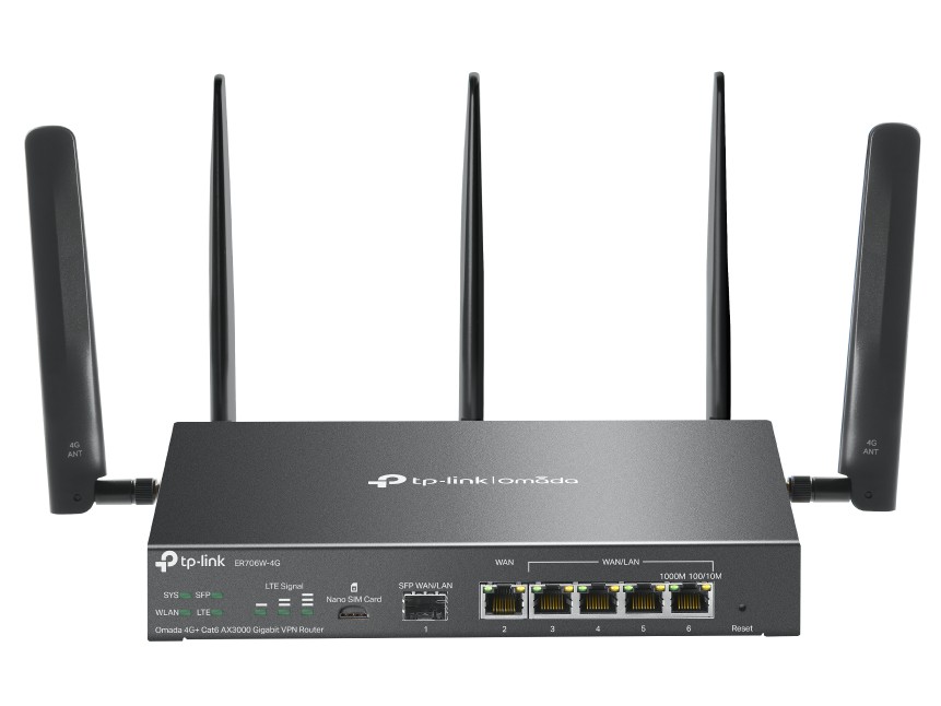 Router VPN Gigabit Omada 4G, Cat6 AX3000, Tp-Link ER706W-4G, Wi-Fi6, 5 porturi, 5GHz, 5 antene detasabile