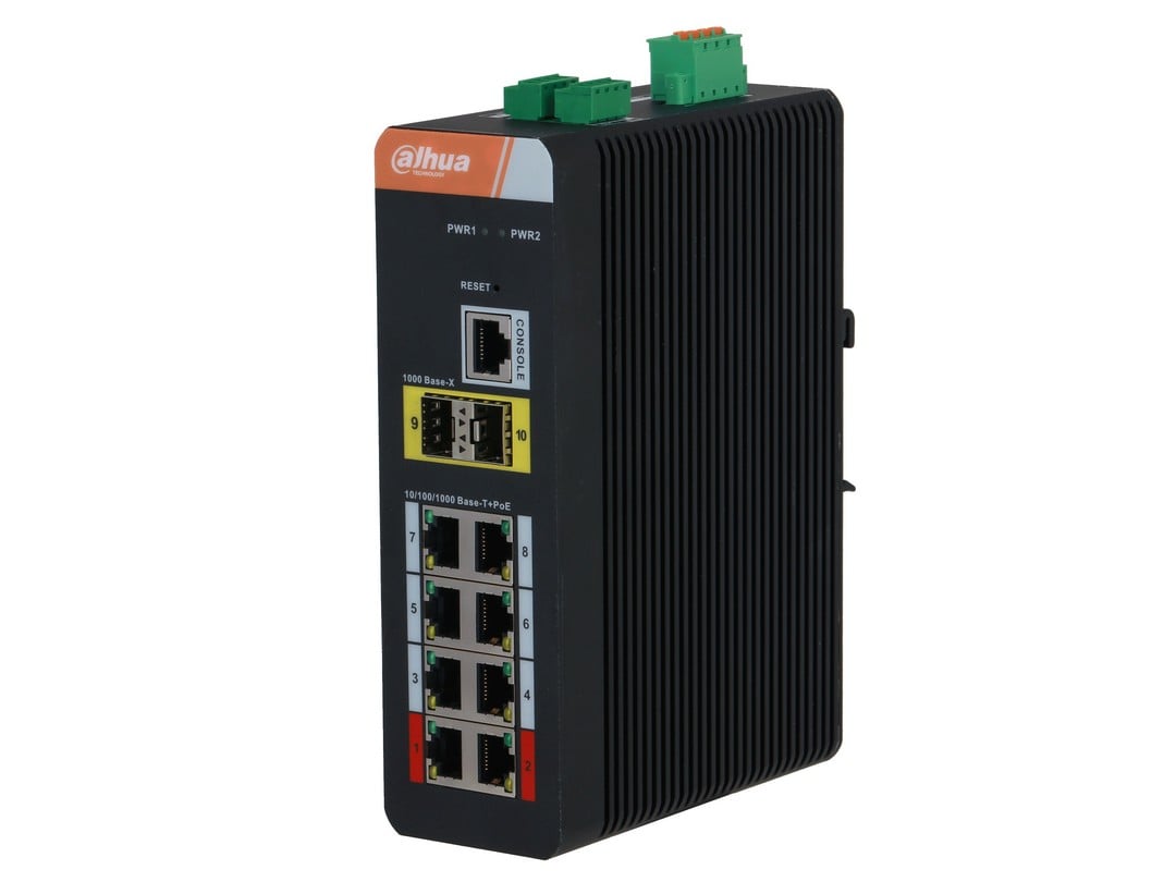 Switch industrial Dahua IS4210-8GT-120, 11 porturi,  8x RJ45 PoE Gigabit, 2x SFP gigabit, 1x  port consola, suporta STP, RSTP, ERPS, PoE Watchdog, montare sina DIN