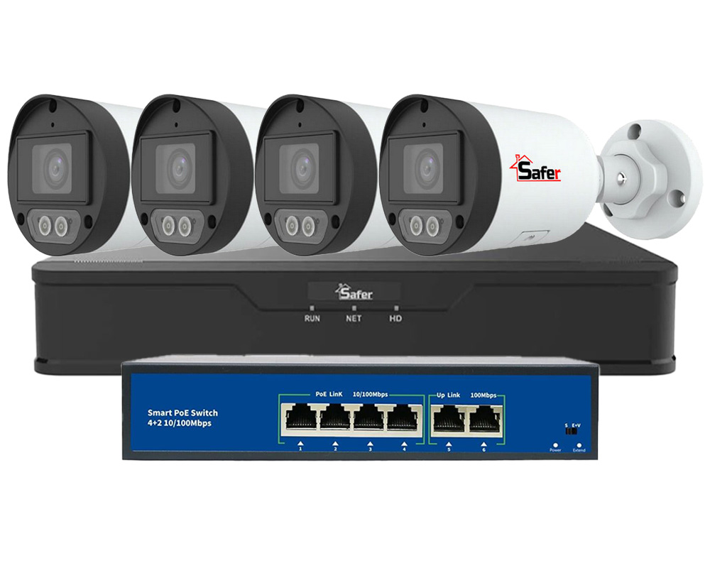 Kit mixt de supraveghere video IP, 4 camere 2MP FULL HD, Iluminare LED/IR 30 m, NVR 4 canale, PoE, Safer, KITIP-4X-2MP2830-2