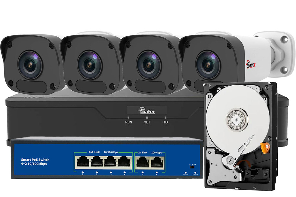 Sistem de supraveghere cu 4 camere IP Full HD, Smart IR 30m, NVR 4 canale + HDD 1TB, Switch PoE, KITIP4EXTFHD