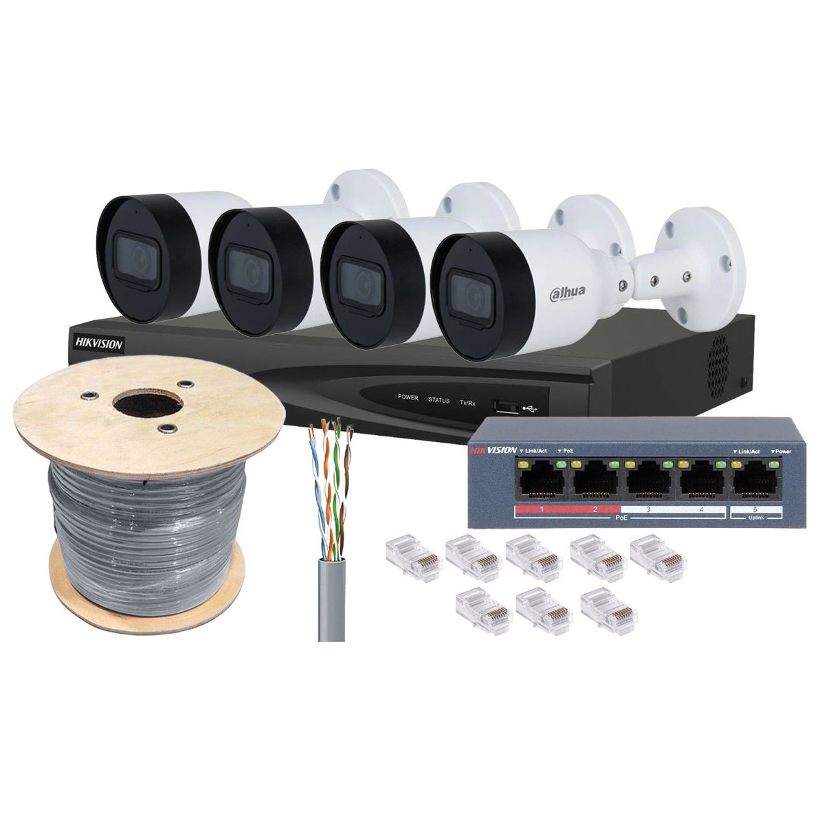 Kit de supraveghere exterior 4 camere IP, PoE, FullHD, IR 30m, NVR 4 canale, Dahua, KITPOEFHDEXT30