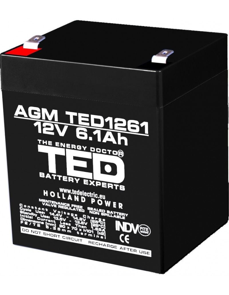 Acumulator TED TED003171 (TED1261), 12V, baterie 6.1Ah, terminal F2, T2, tehnologie VRLA AGM SLA