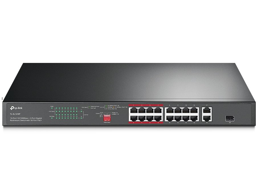 Switch PoE TP-Link TL-SL1218P, 19 porturi, 16x PoE 10/100Mbps RJ45, 2x Gigabitr RJ45, 1x combo Gigabit SFP, 150 W, montare in rack