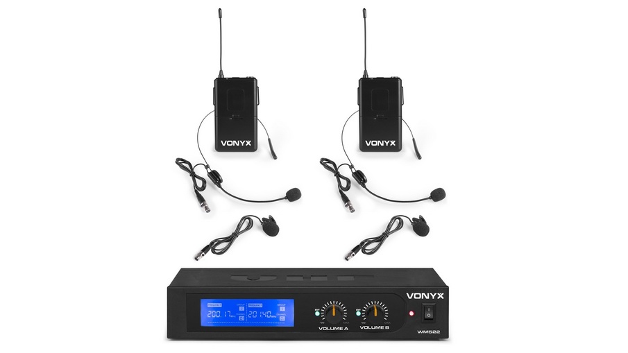 Set 2 microfoane si lavaliera VHF, 2 canale, jack 6.3mm, baterii 2x AA, carcasa plastic, Vonyx WM522B