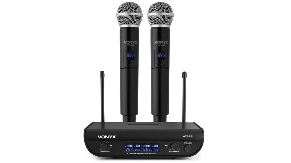 Set 2 microfoane wireless si receptor UHF, 2 canale, jack 6.35mm, Vonyx WM82
