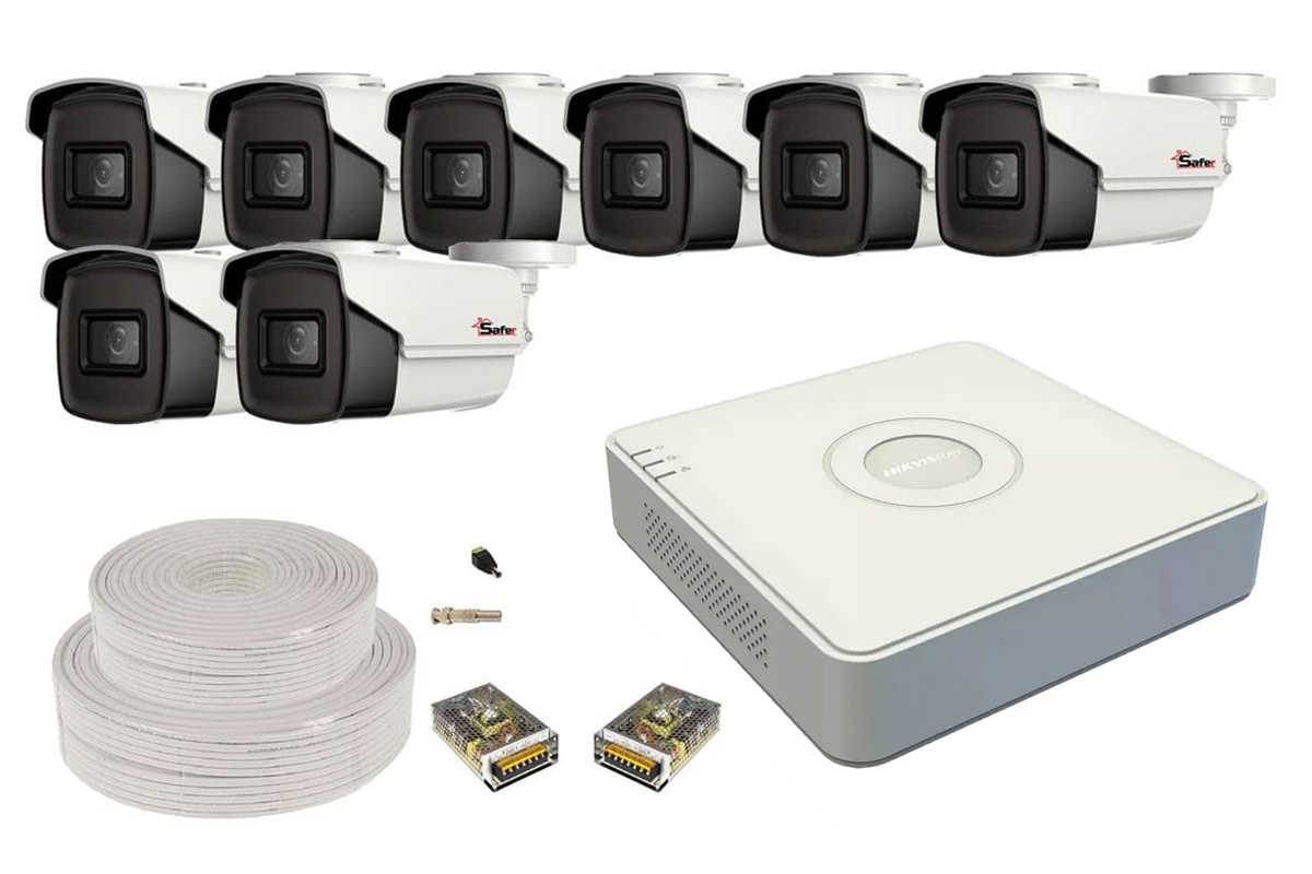 Kit supraveghere video, DVR cu 8 camere bullet, 5MP, smart IR 80m, accesorii incluse, KIT-8SAFPRO8X4KACC