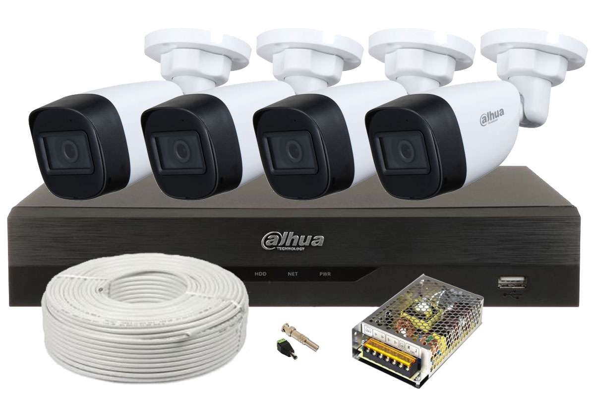 Kit supraveghere video cu accesorii, DVR cu 4 camera Bullet, smart IR 30m, Dahua KIT-ACC-4CAM-I3