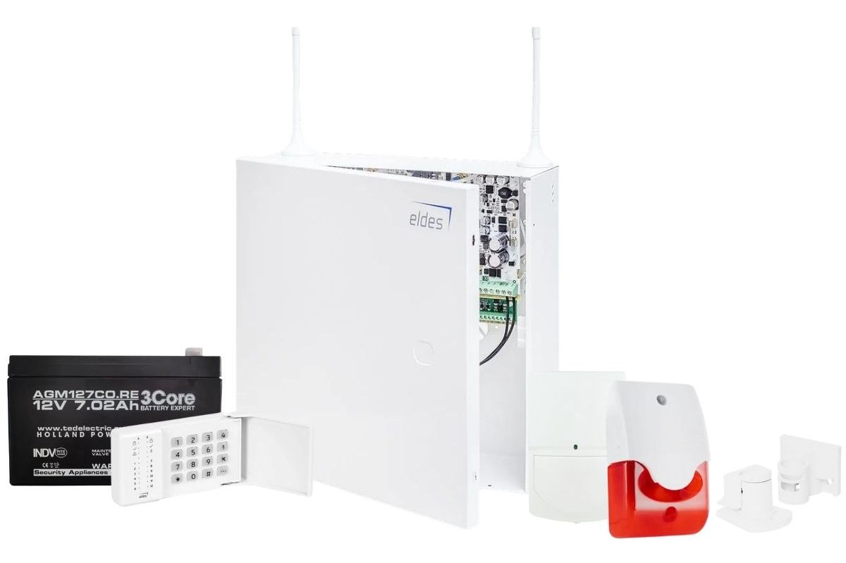 Kit alarma hibrida wireless/cablata GSM/GPRS Eldes cu detector de miscare, tastatura, acumulator si sirena, KIT38EKB3INT