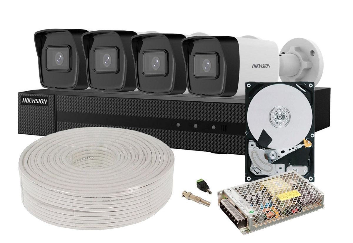 Kit complet de supraveghere, 4 camere de 5MP, IR 80m, DVR Hikvision 5 in 1, HDD 2TB si accesorii, KIT4X5MP80ACC-HIK