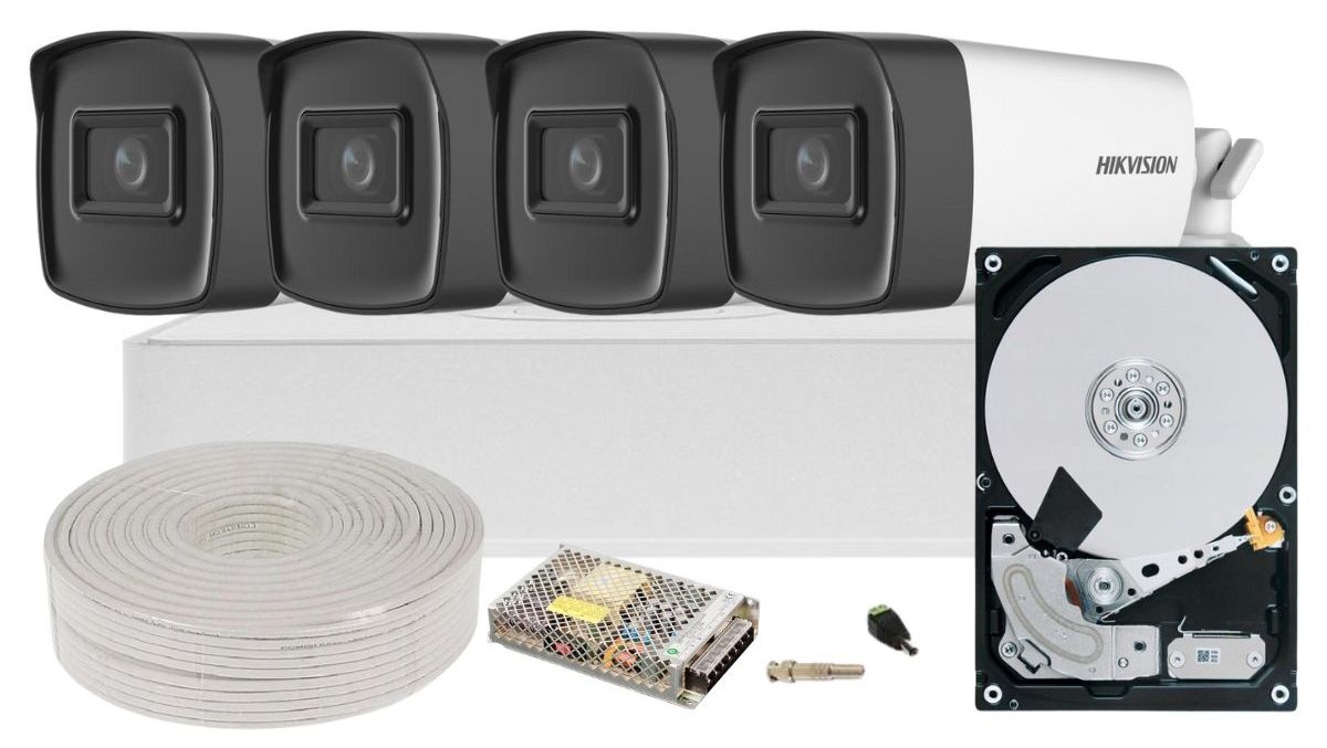 Kit complet de supraveghere, 4 camere de 5MP, IR 80m, DVR Hikvision 5 in 1, HDD 2TB si accesorii, KIT4X5MP80ACC-HIK