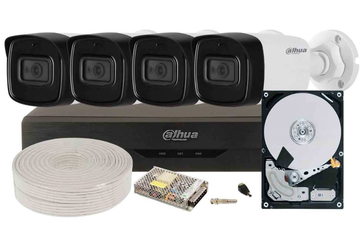 Kit complet de supraveghere exterior, 4 camere 2MP, infrarosu 40M, lentila 3.6mm, Dahua KIT4X2MPEXT80-SAF-I2