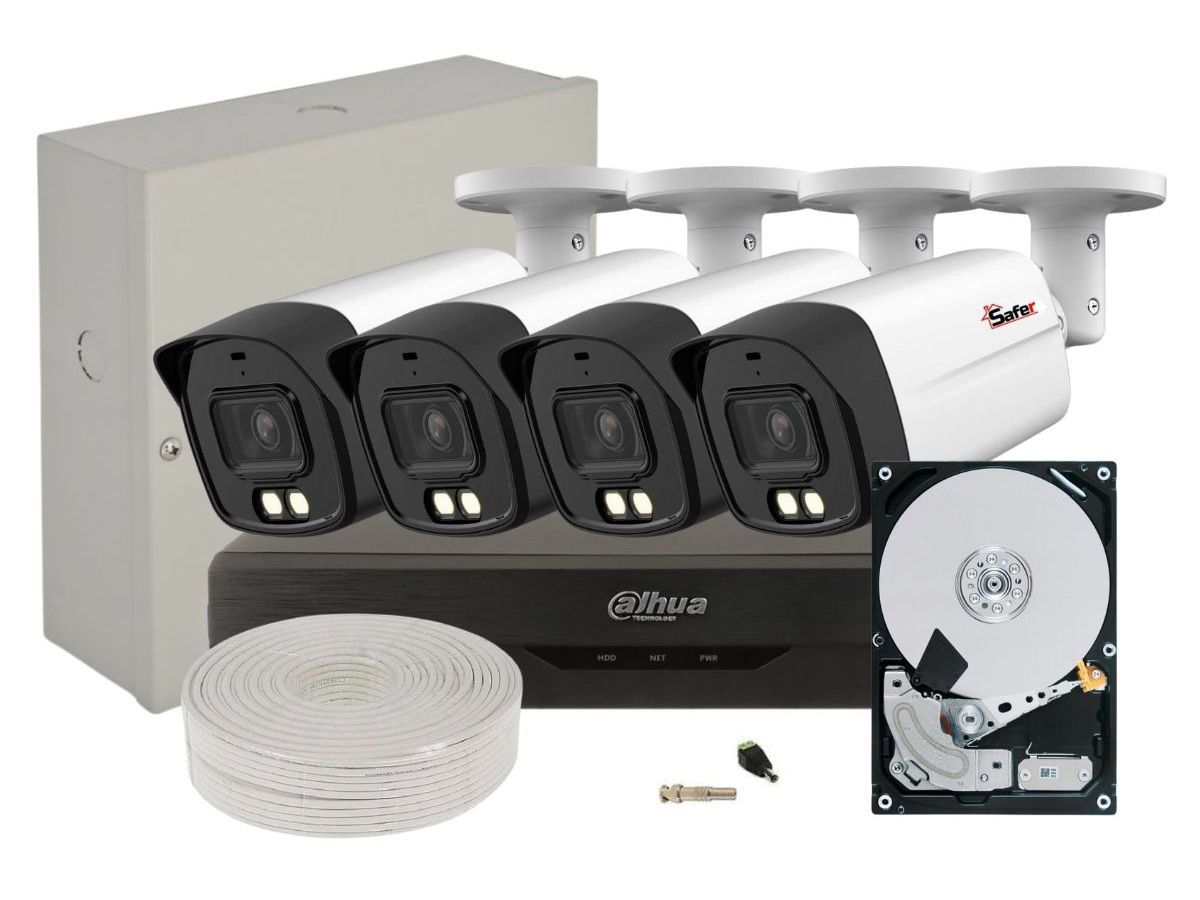 Kit complet de supraveghere video Safer, 8 MP - 4K, 4 camere, LED Alb 40m, DVR 4 canale, HDD 2 TB, KITSAF-4X-8MP28I20-ACC-HDD