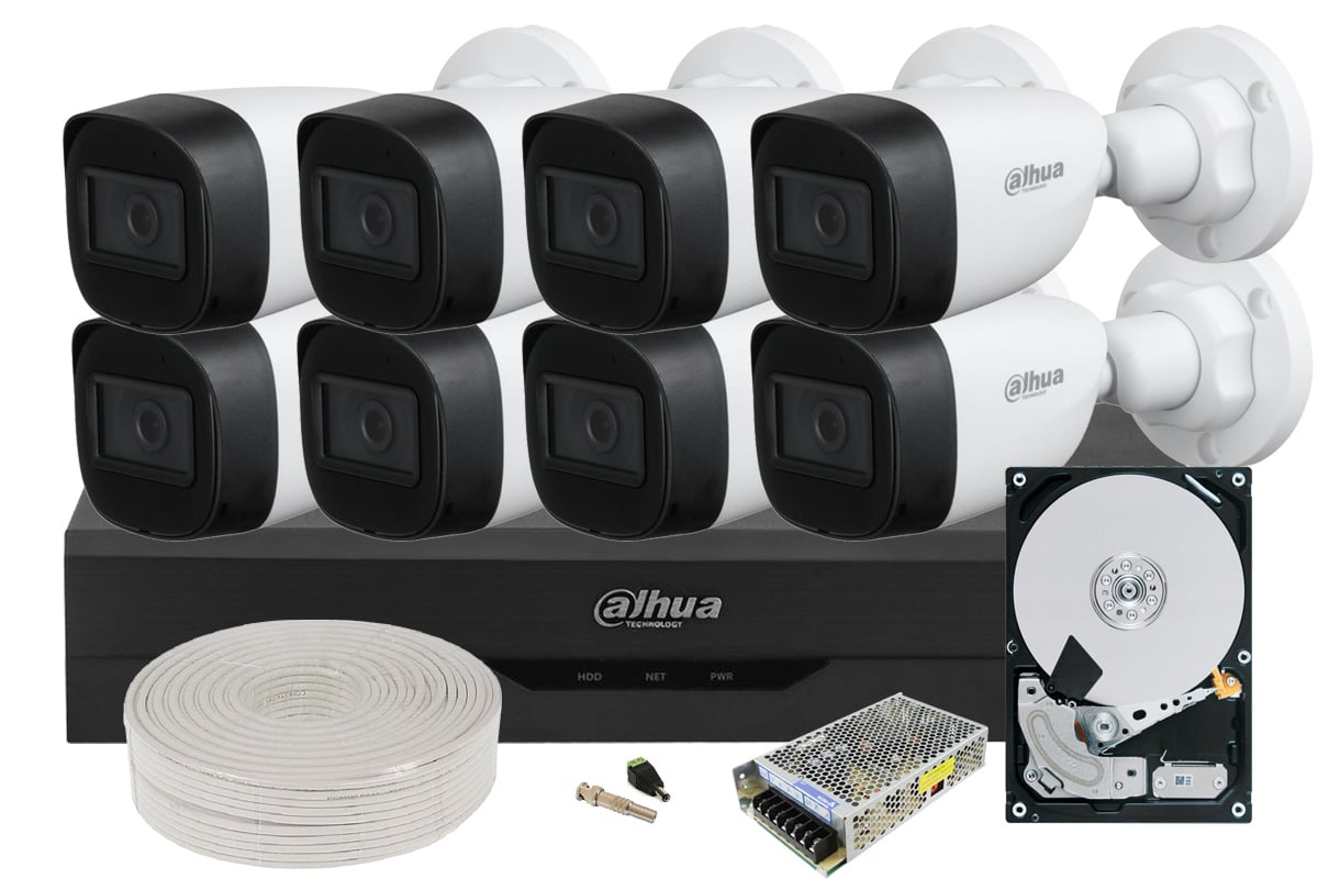 Kit complet supraveghere video, 8 Camere 2 MP, IR 30 m, HDD 2TB, DVR 8 canale 2MP, Dahua KIT-DAH-2MP-30-I3-COMPLET